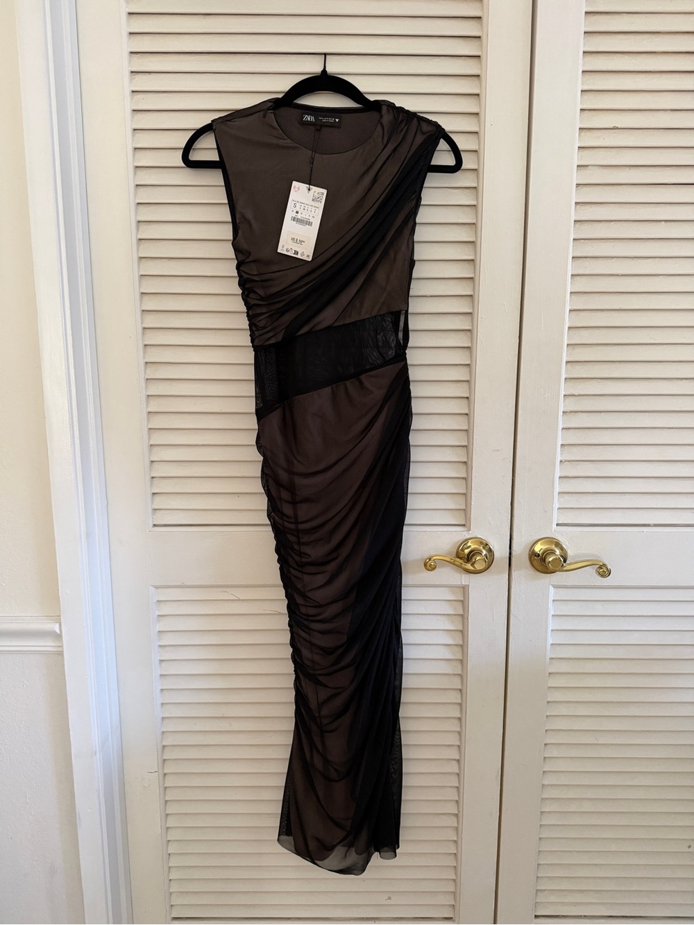 Zara Black Sheer Ruched Maxi Dress with Mesh Panels